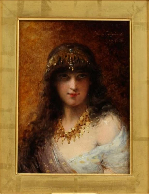 Pierre Olivier Joseph Coomans - Un ritratto orientalista di una giovane donna con gioielli con monete